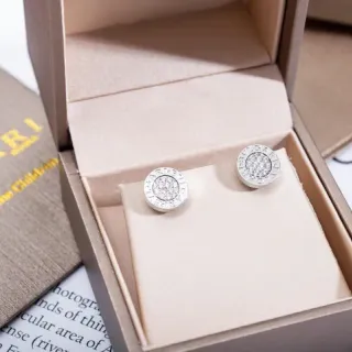 Bvlgari Silver Beige Circular Stud Pavé-Set Earrings