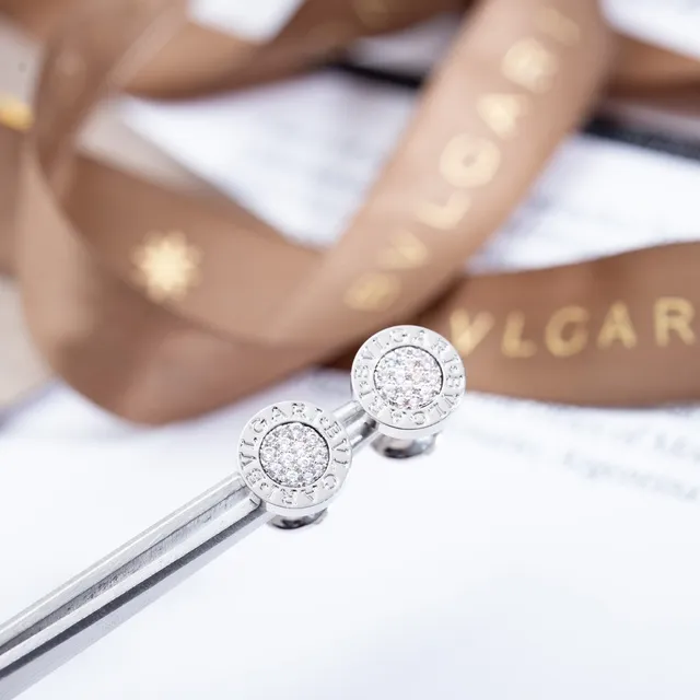 Bvlgari Silver Beige Circular Stud Pavé-Set Earrings 5