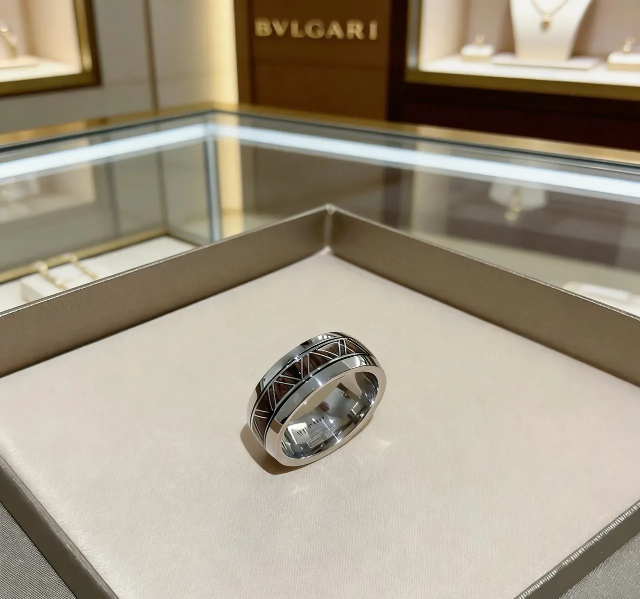 Bvlgari Anel Prata Marrom Faixa Larga Metal Polido 6