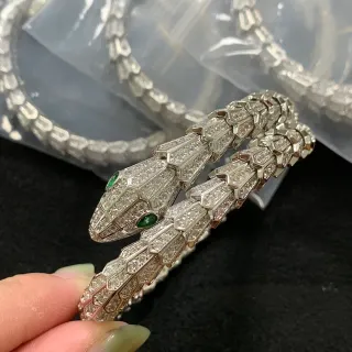 Bvlgari Silver Green Dual-Headed Serpent Pavé-Set Bracelet