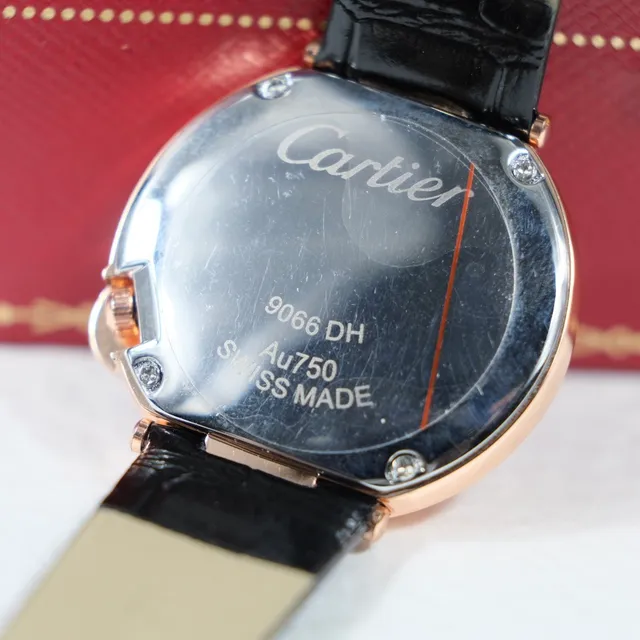 Cartier Ballon Bleu Or Rose Cadran Argent Cuir Noir Montre Mécanique 3
