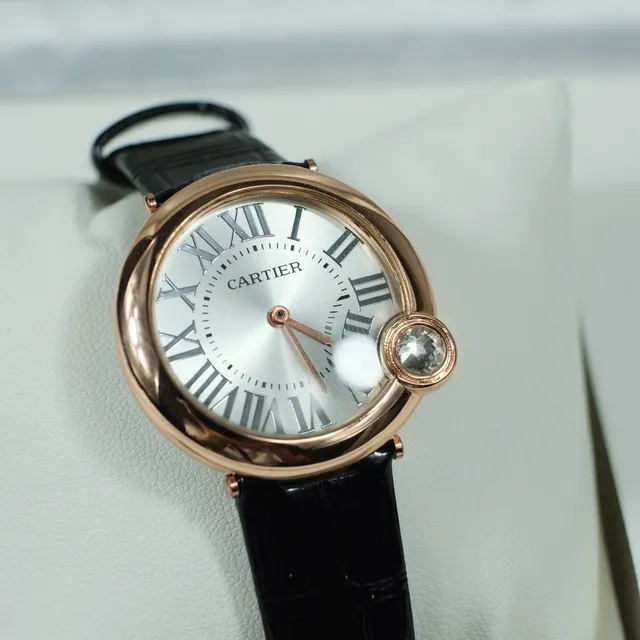 Cartier Ballon Bleu Or Rose Cadran Argent Cuir Noir Montre Mécanique 5