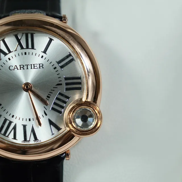 Cartier Ballon Bleu Or Rose Cadran Argent Cuir Noir Montre Mécanique 8