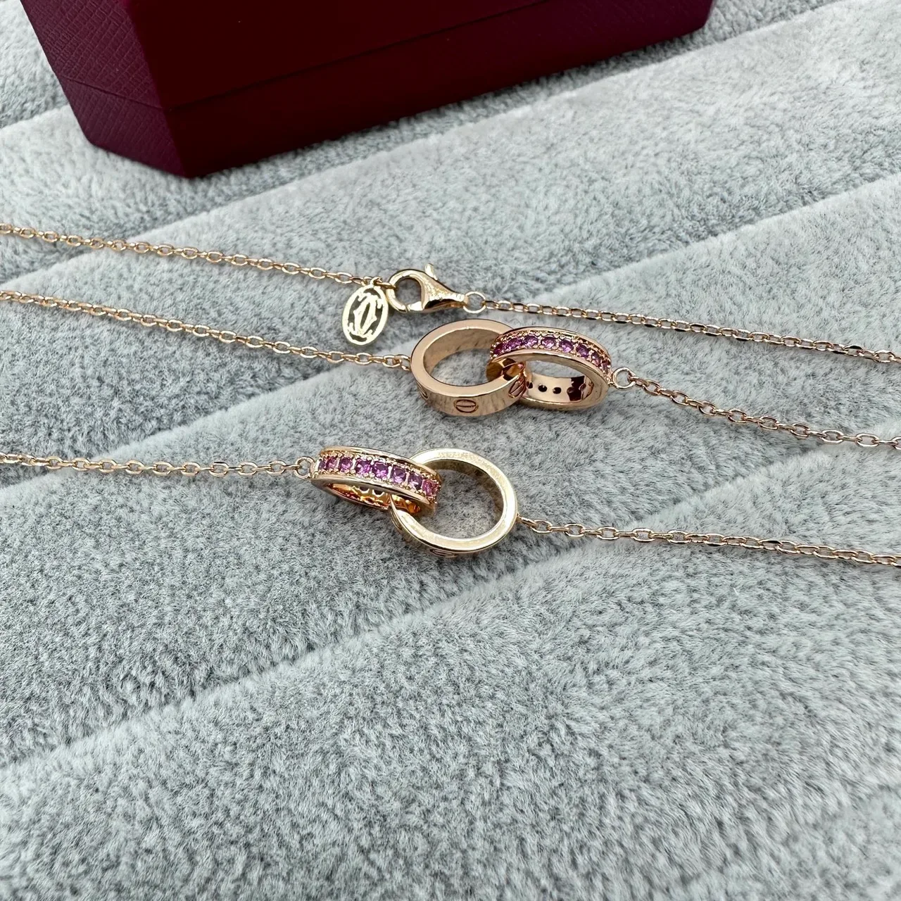 Cartier Love Double Interlocking Ring Pavé Pink Stone Gold-Tone Bracelet 2
