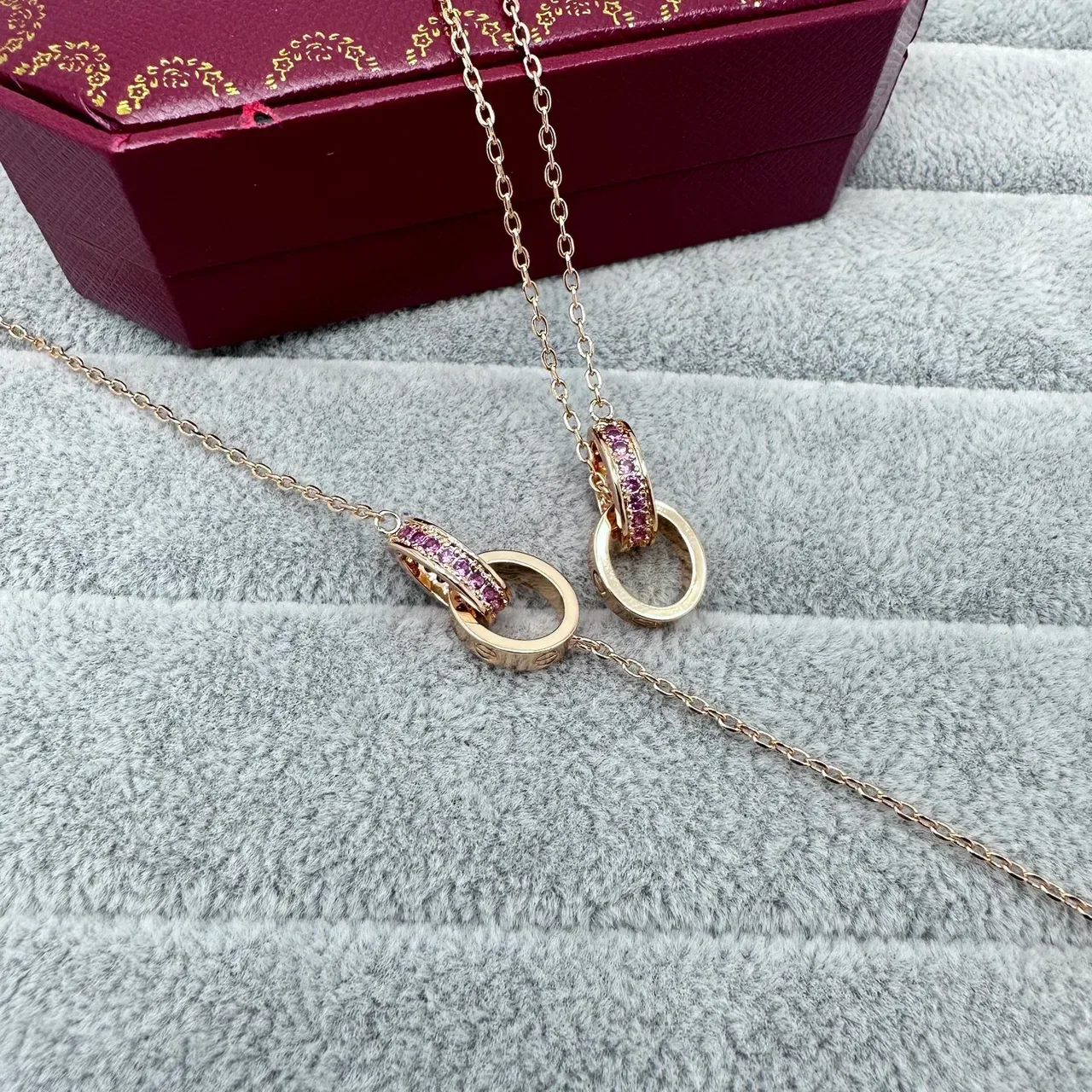 Cartier Love Double Interlocking Ring Pavé Pink Stone Gold-Tone Bracelet 4