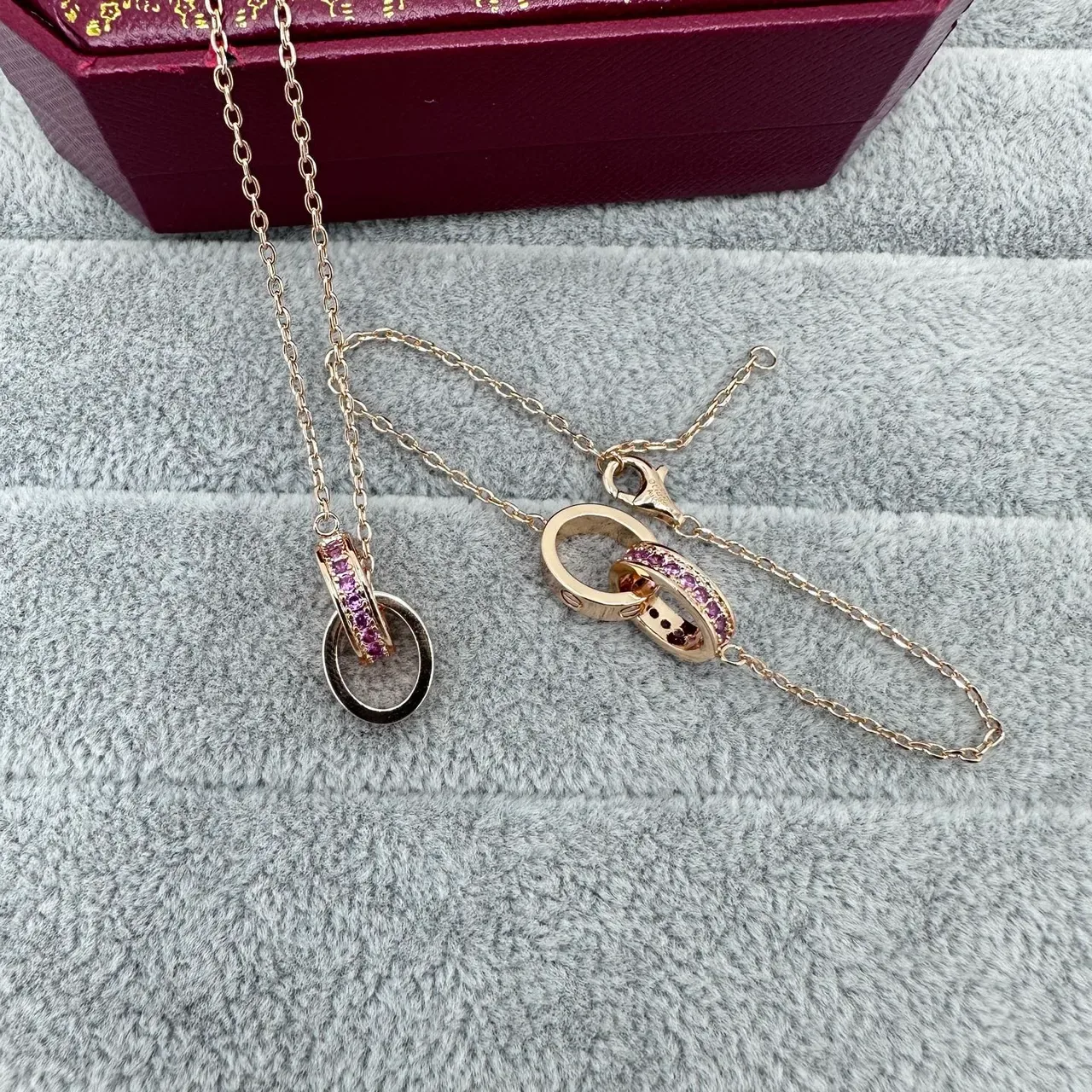 Cartier Love Double Interlocking Ring Pavé Pink Stone Gold-Tone Bracelet 6