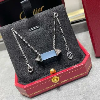 Cartier Silver Blue Geometric Bar Pendant Pavé Diamond Accents Necklace
