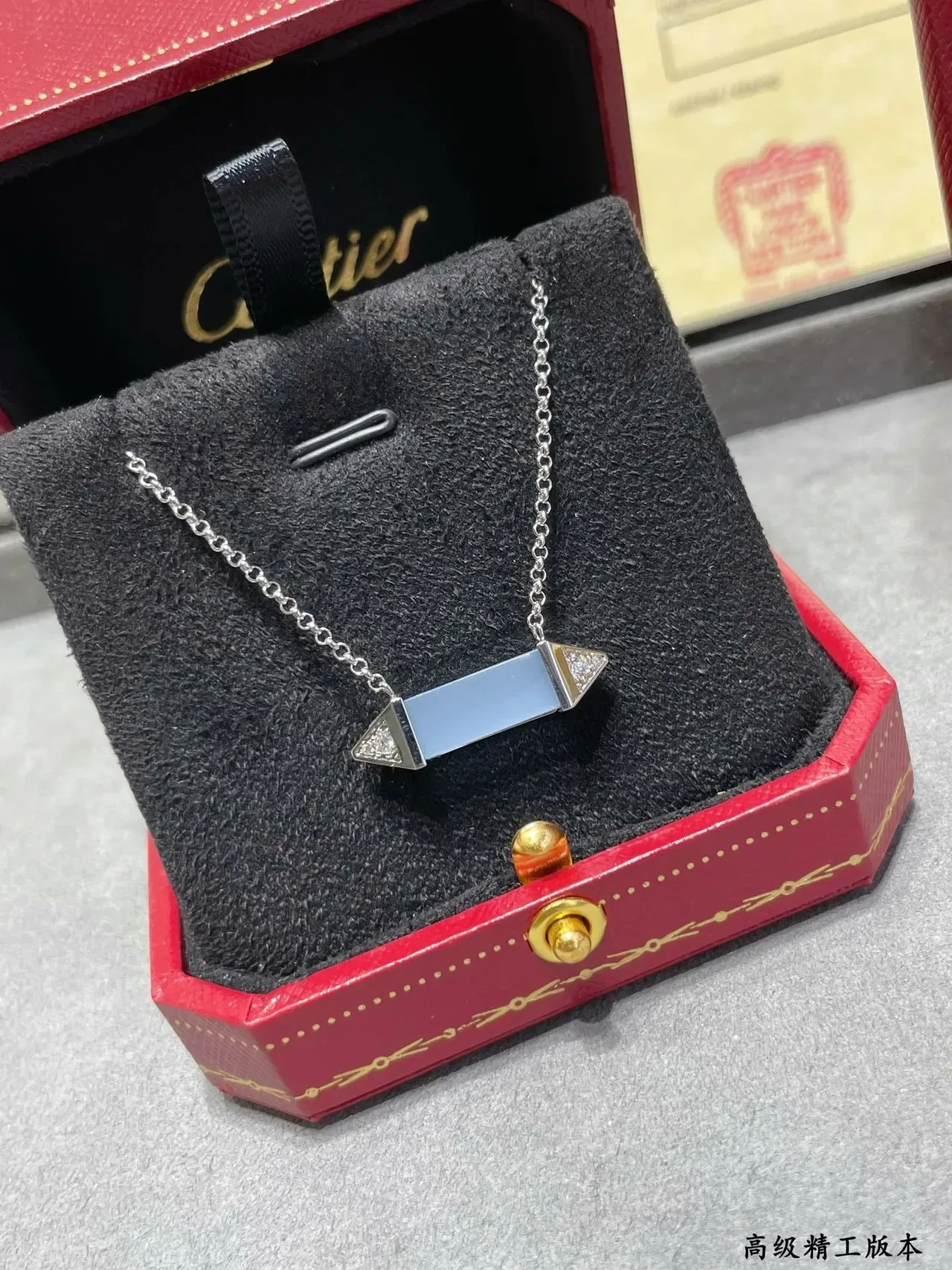 Collier Cartier Argent Bleu Barre Géométrique Pendentif Acentos Diamants Pavé 5