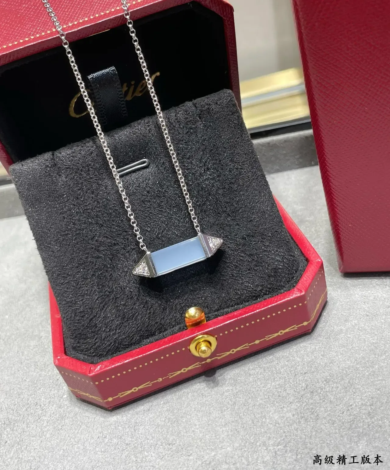 Collier Cartier Argent Bleu Barre Géométrique Pendentif Acentos Diamants Pavé 7