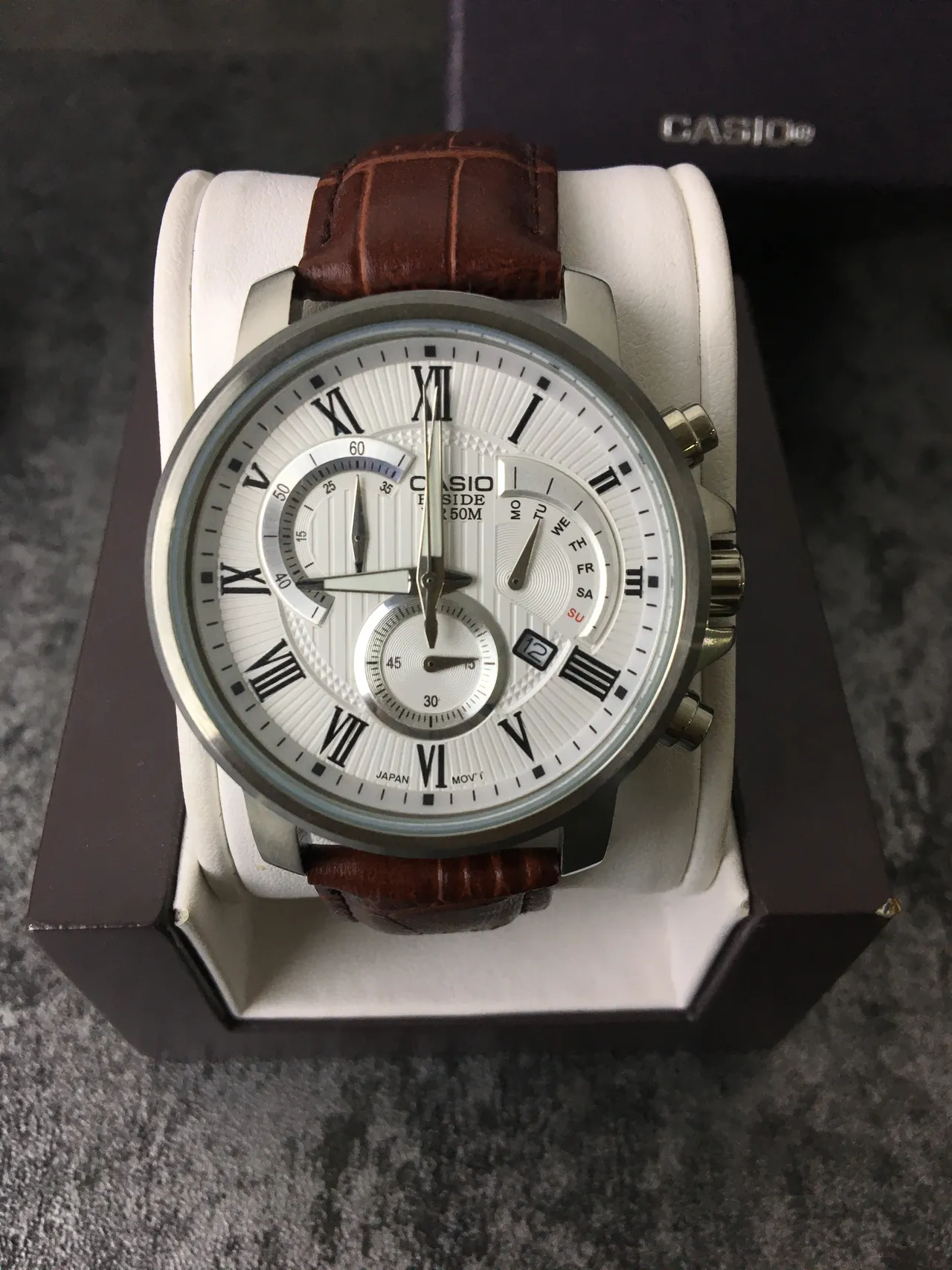 Casio Edifice Chronograph White Dial Brown Leather Strap Quartz Watch 2