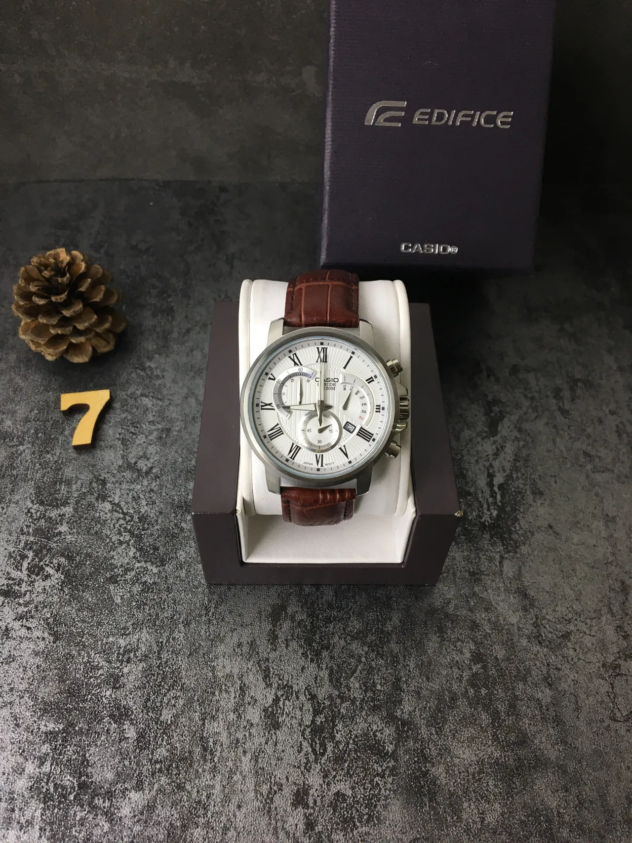 Casio Edifice Chronograph White Dial Brown Leather Strap Quartz Watch 3