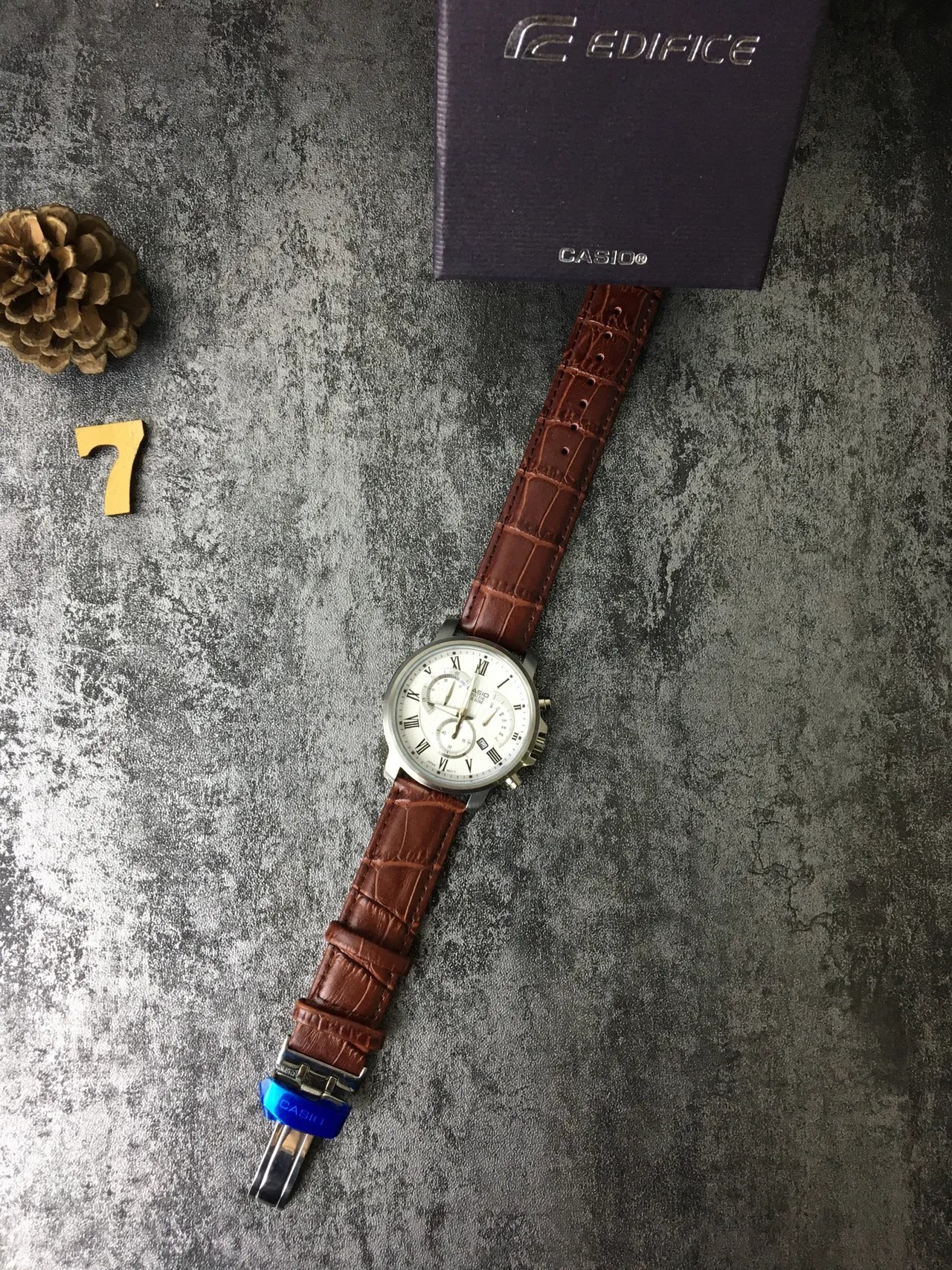 Casio Edifice Chronograph White Dial Brown Leather Strap Quartz Watch 6