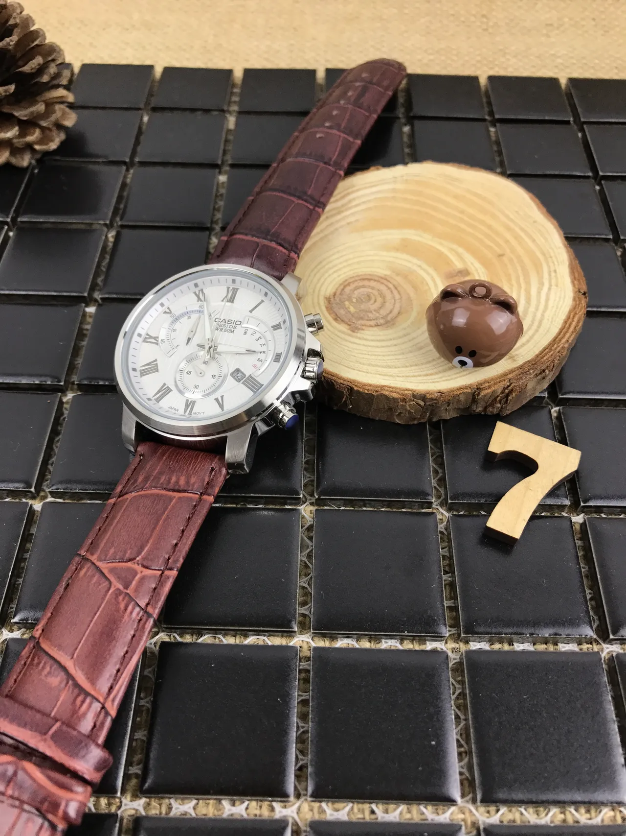Casio Edifice Chronograph White Dial Brown Leather Strap Quartz Watch 8