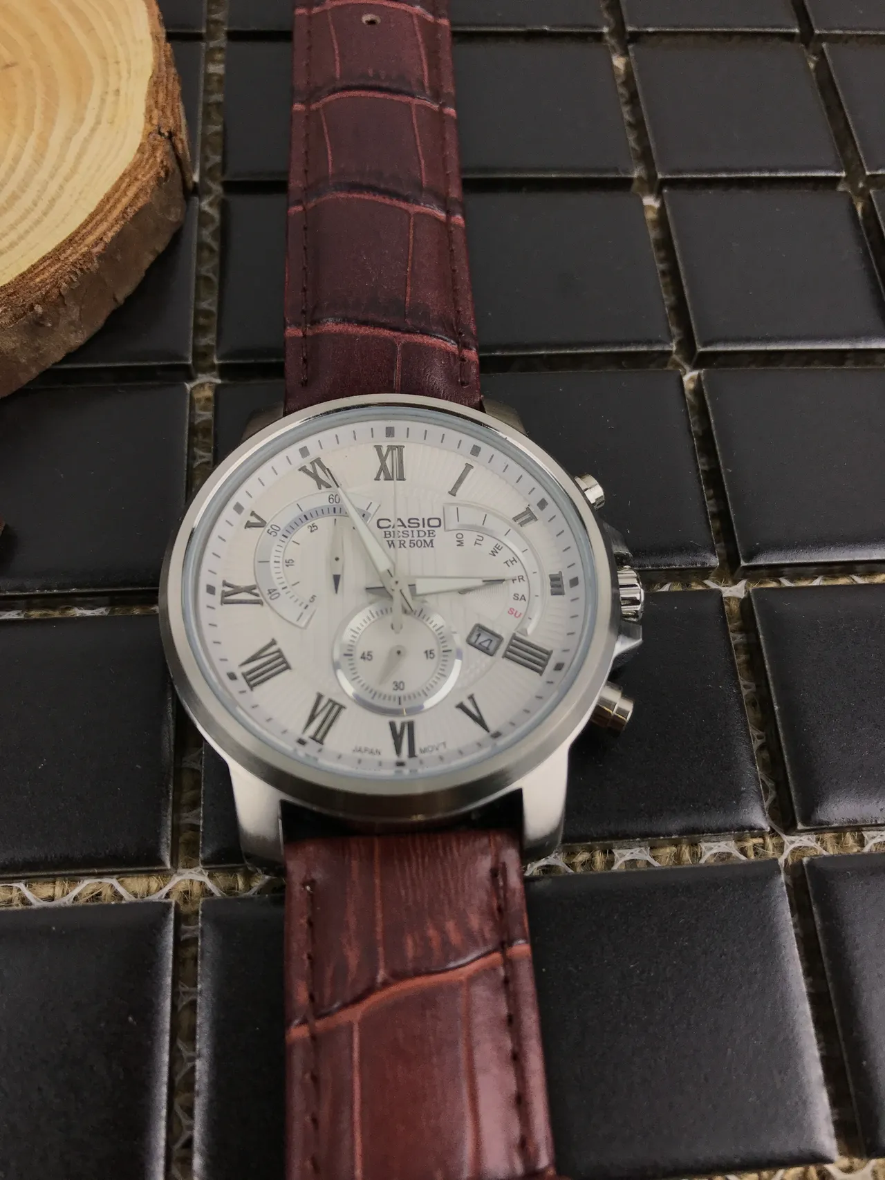 Casio Edifice Chronograph White Dial Brown Leather Strap Quartz Watch 9