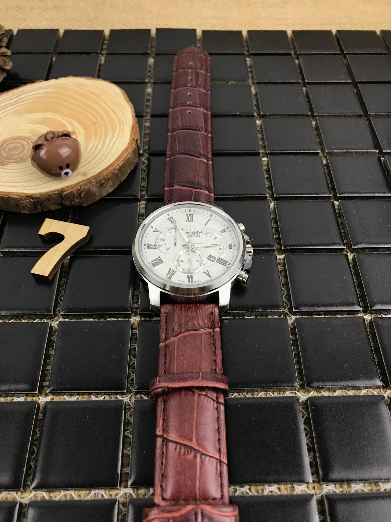 Casio Edifice Chronograph White Dial Brown Leather Strap Quartz Watch 10