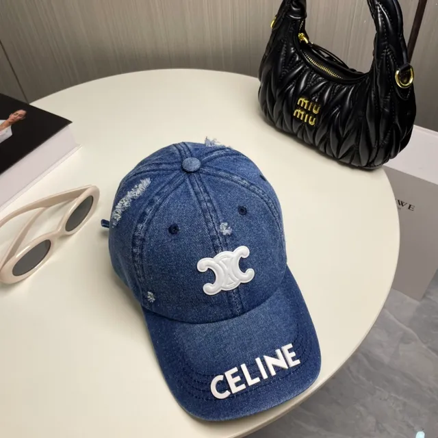 Celine Blue White Denim Distressed Baseball Cap 6