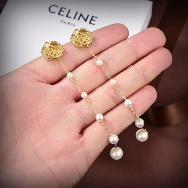 Celine motivo de rosa corrente de pérolas brincos 6