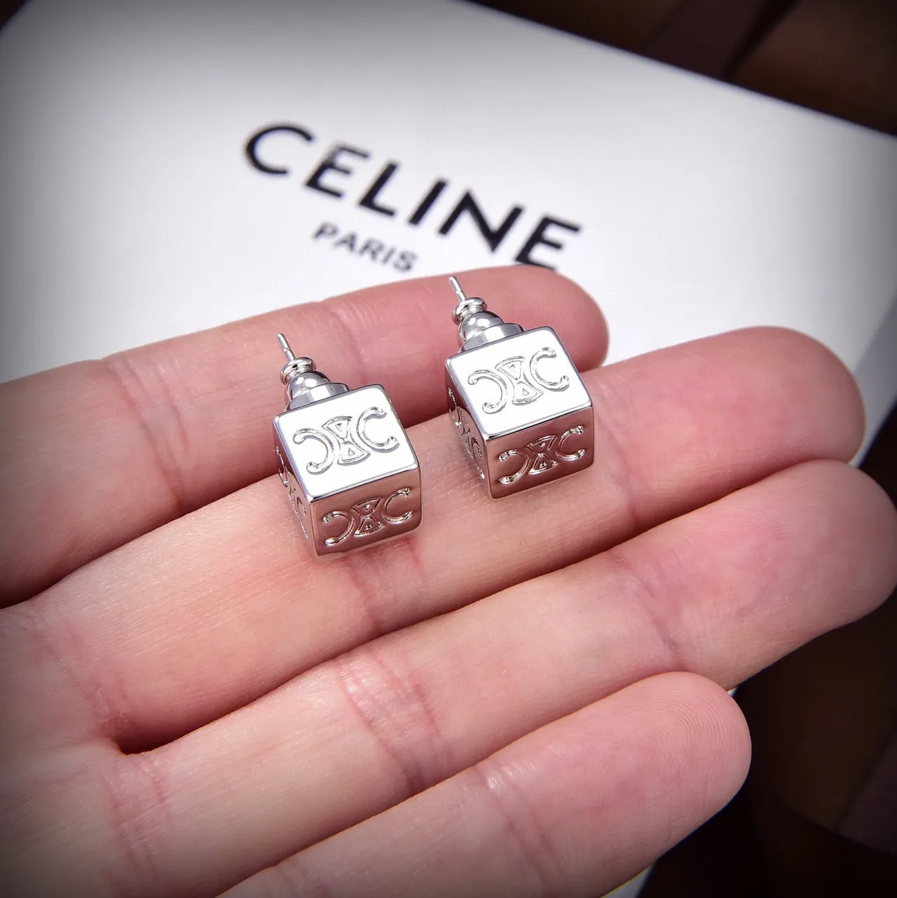 Celine Triomphe Cube Logo Stud Earrings 2