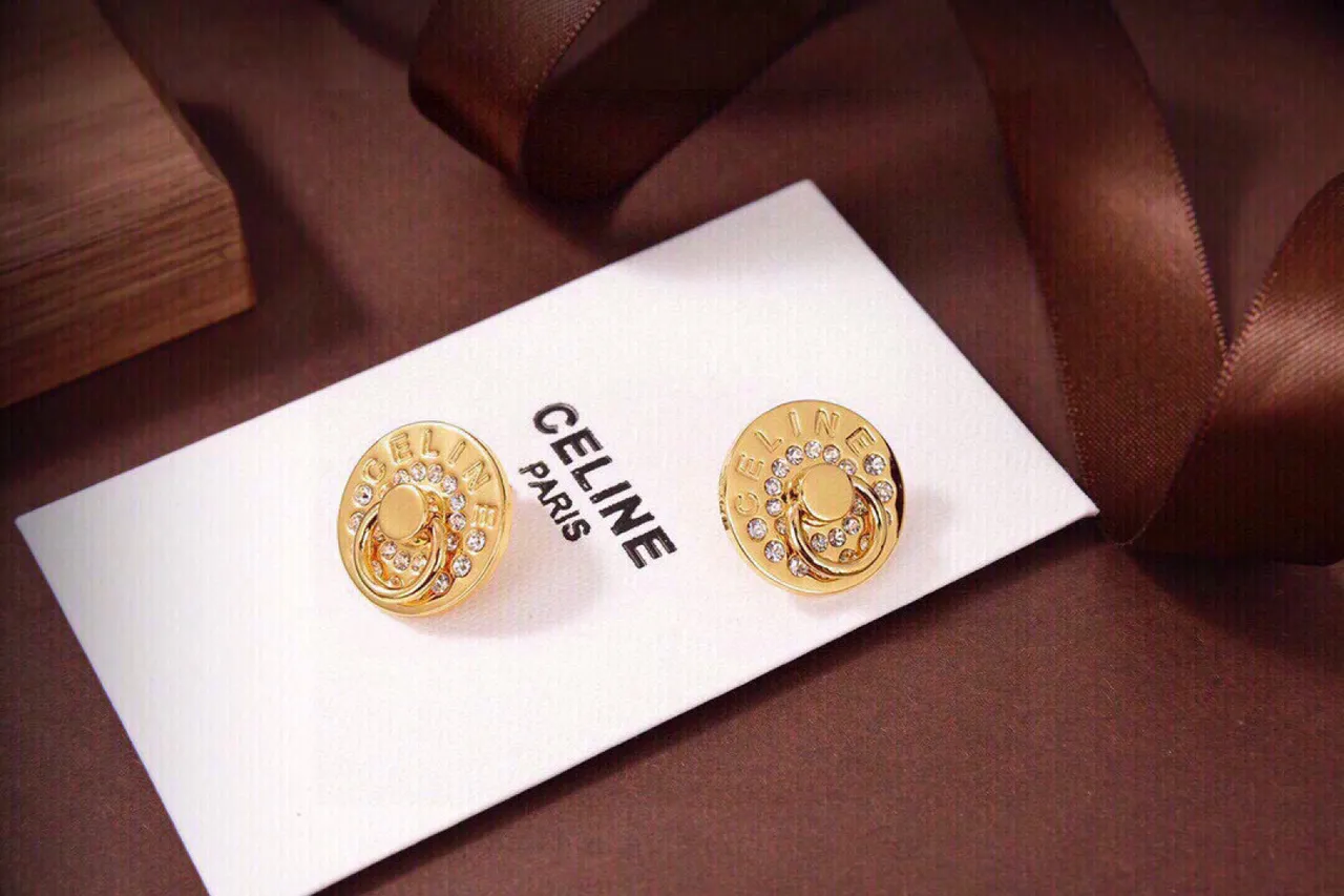 Celine Triomphe Gold-Tone Crystal Disc Stud Earrings 2