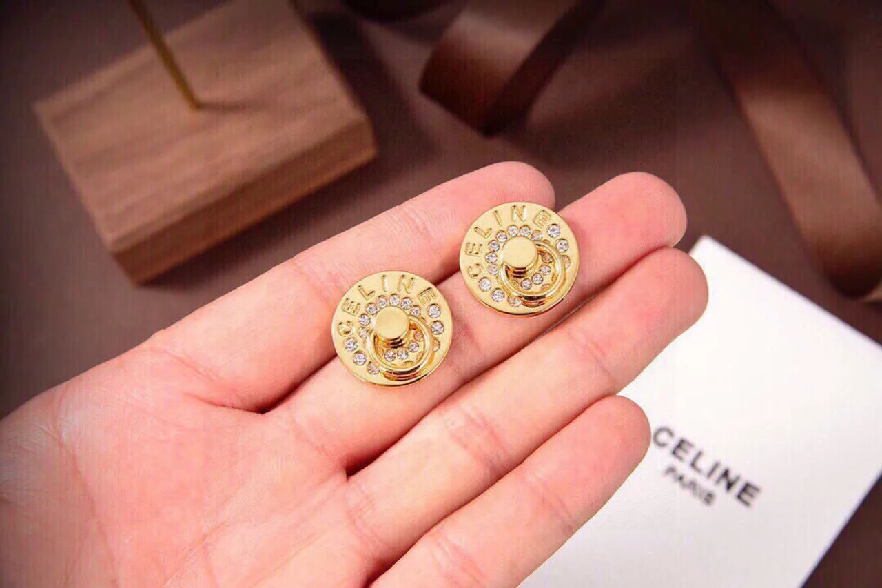 Celine Triomphe Gold-Tone Crystal Disc Stud Earrings 3