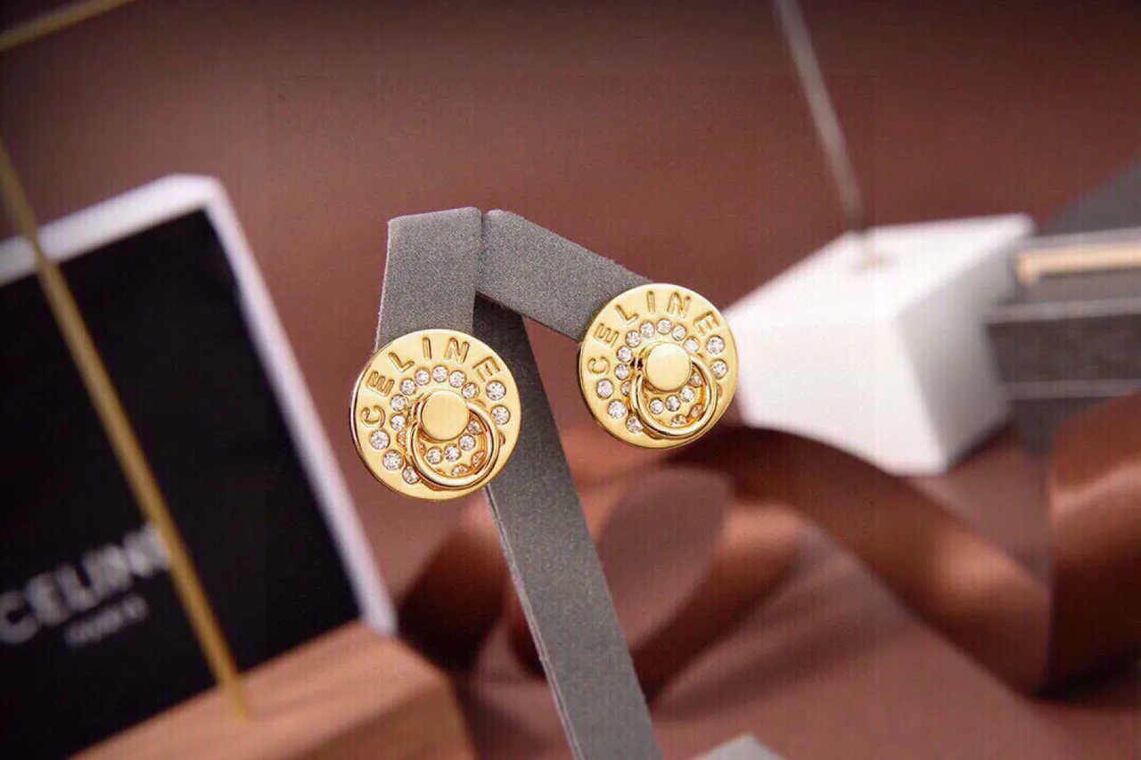 Celine Triomphe Gold-Tone Crystal Disc Stud Earrings 4
