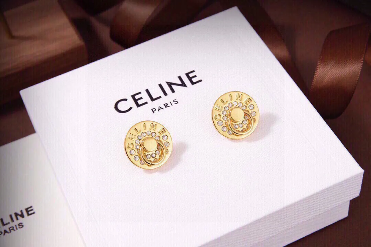 Celine Triomphe Gold-Tone Crystal Disc Stud Earrings 5