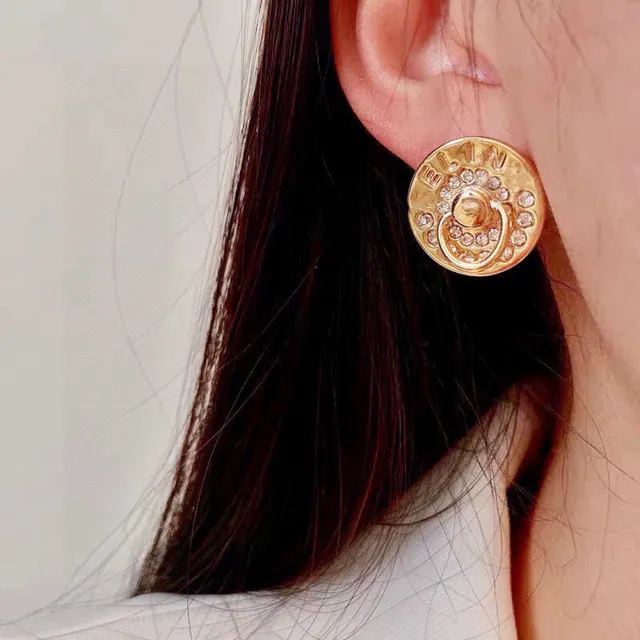 Celine Triomphe Gold-Tone Crystal Disc Stud Earrings 6