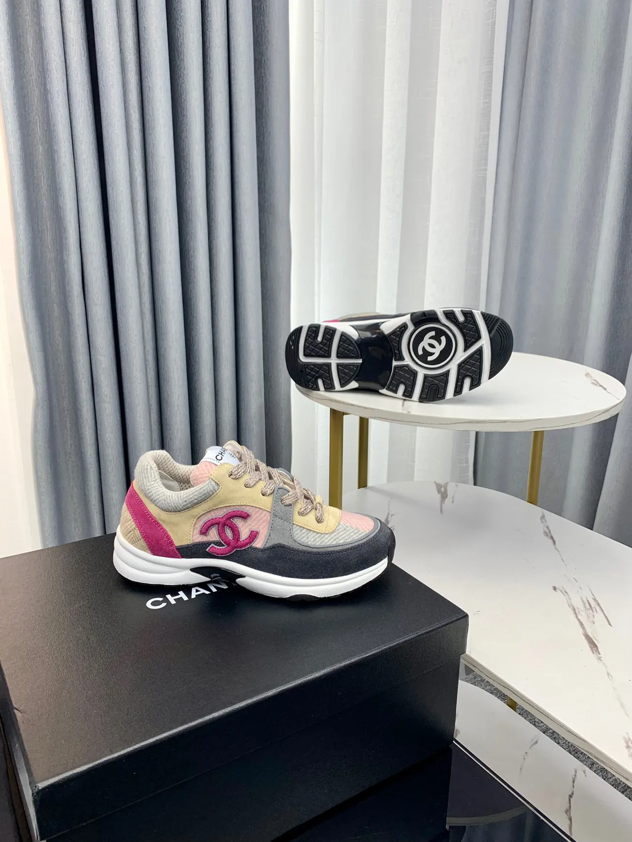 Chanel Beige Pink Patchwork Upper Embroidered CC Logo Chunky Sneakers 2
