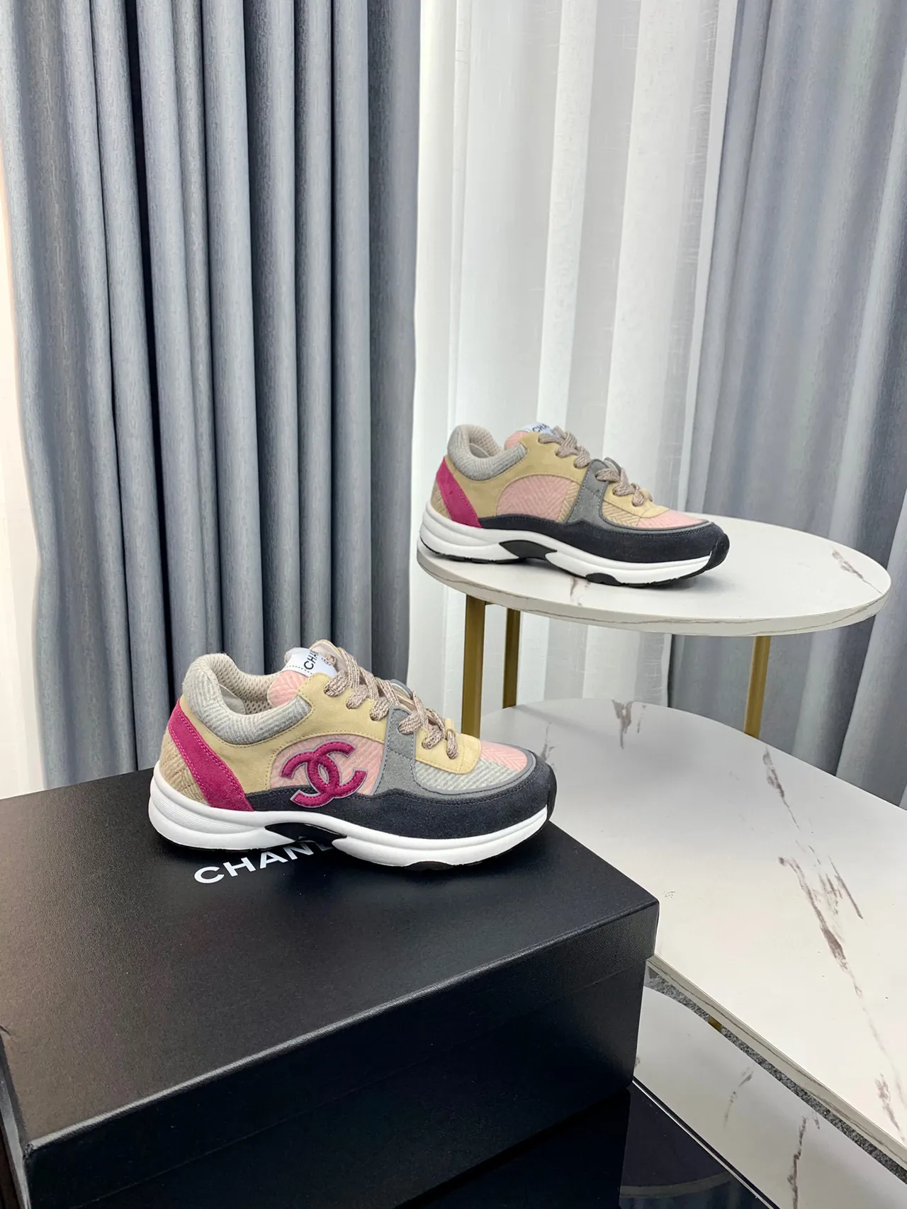 Chanel Beige Pink Patchwork Upper Embroidered CC Logo Chunky Sneakers 3