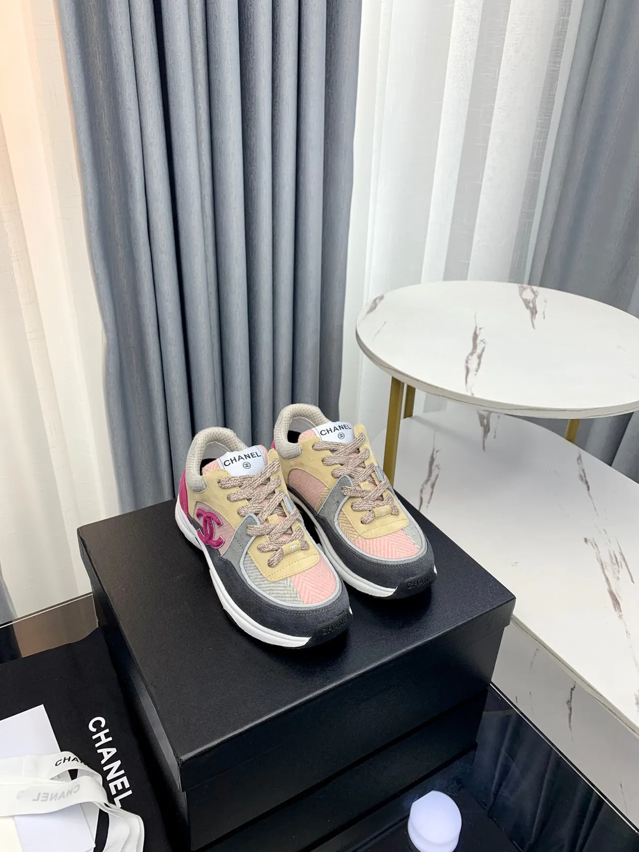 Chanel Beige Pink Patchwork Upper Embroidered CC Logo Chunky Sneakers 4