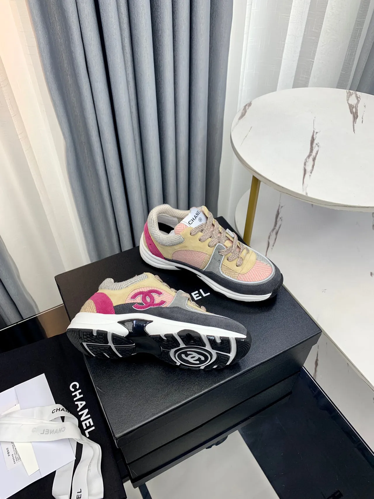 Chanel Beige Pink Patchwork Upper Embroidered CC Logo Chunky Sneakers 5