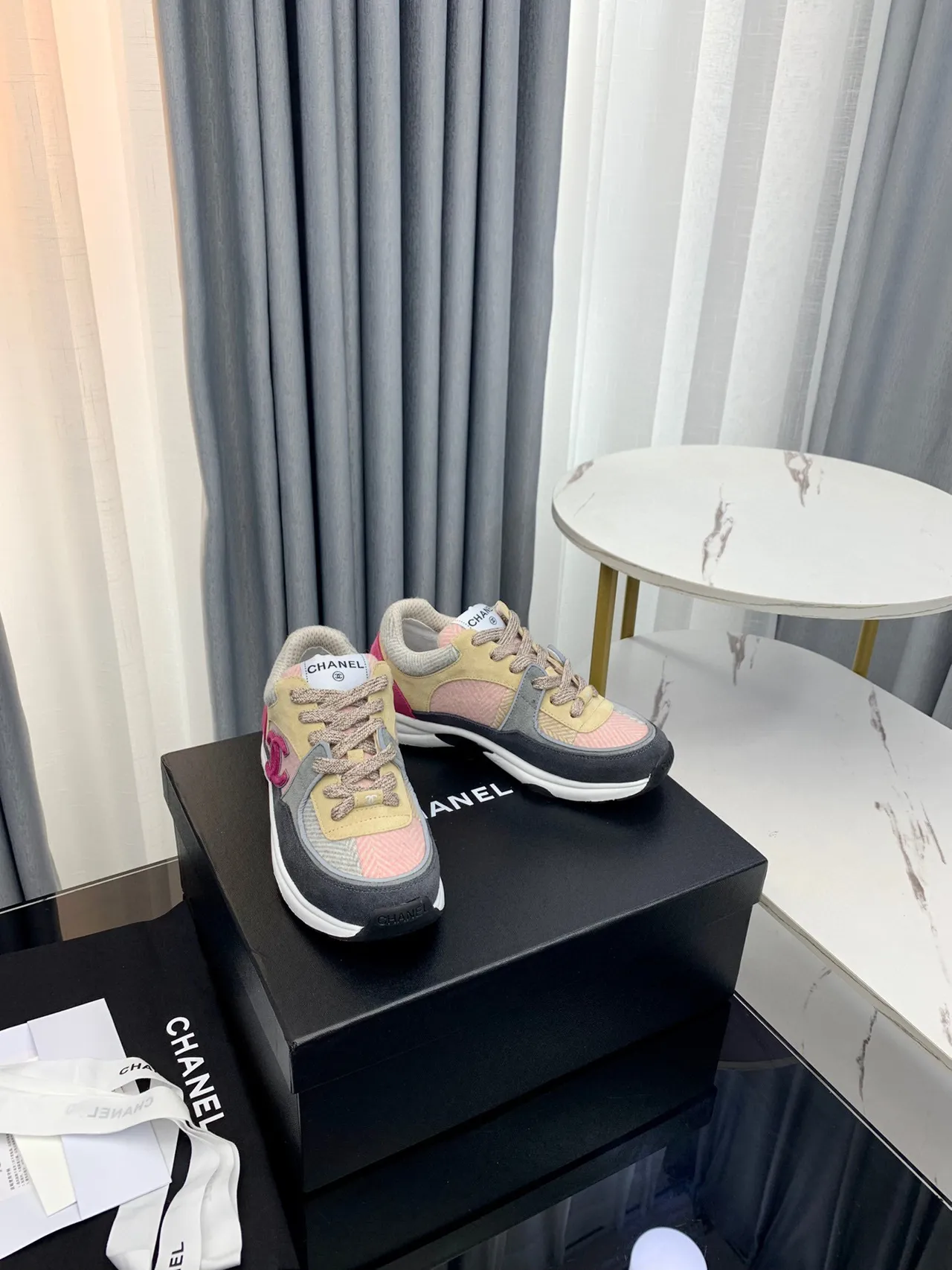 Chanel Beige Pink Patchwork Upper Embroidered CC Logo Chunky Sneakers 6