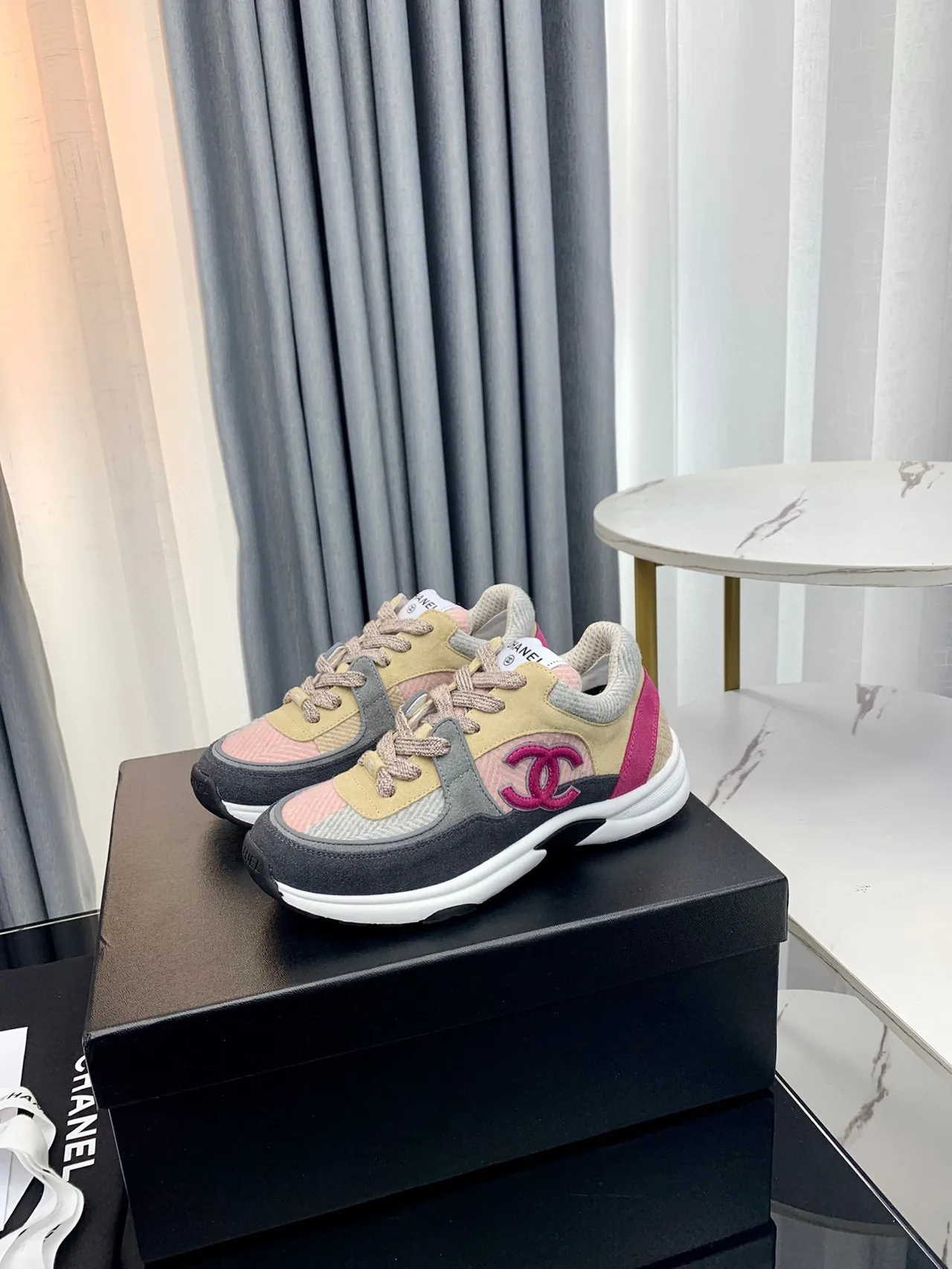 Chanel Beige Pink Patchwork Upper Embroidered CC Logo Chunky Sneakers 7