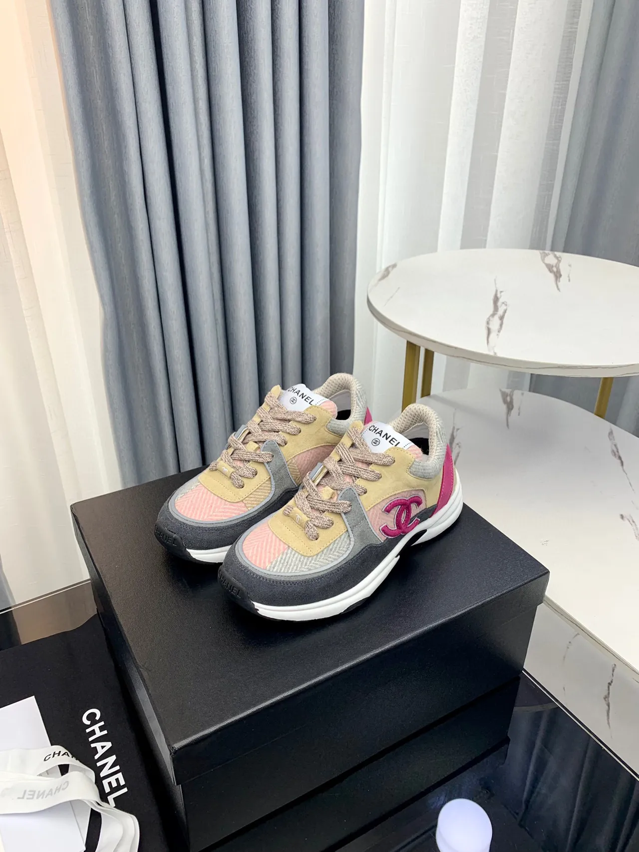 Chanel Beige Pink Patchwork Upper Embroidered CC Logo Chunky Sneakers 9