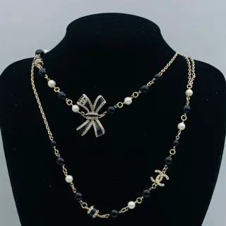 Chanel Black Gold Double-Chain Layered Pearl And Bead Alternating Necklace