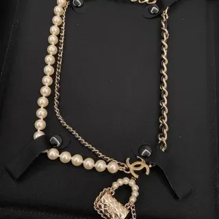 Chanel Black Gold Pearl Strand Chain Necklace
