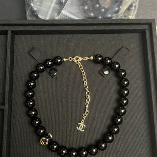 Chanel Black Gold Spherical Beads CC Logo Charm Necklace
