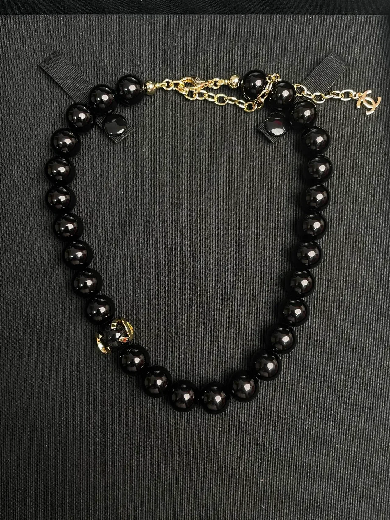 Chanel Black Gold Spherical Beads CC Logo Charm Necklace 3