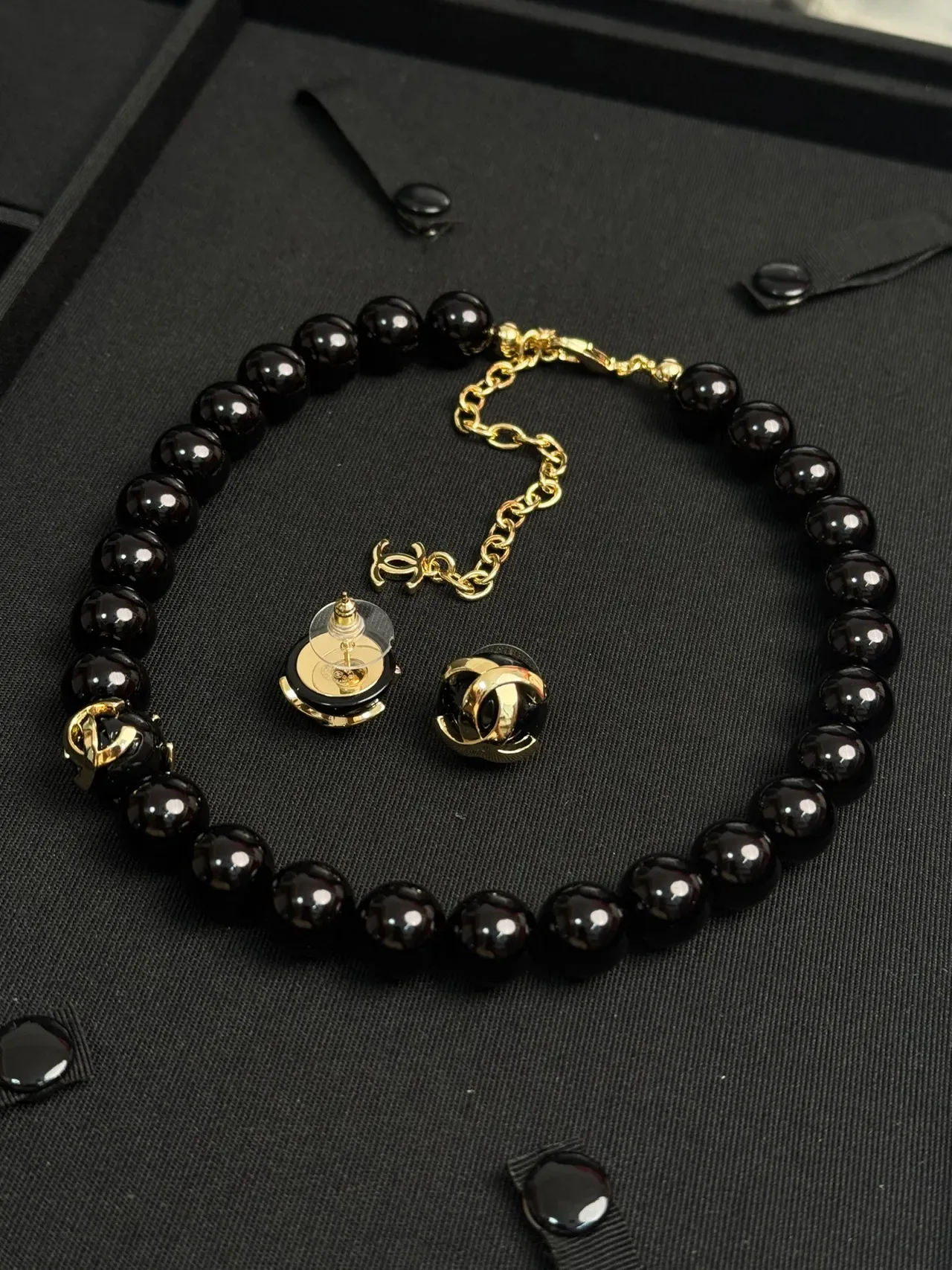 Chanel Black Gold Spherical Beads CC Logo Charm Necklace 5