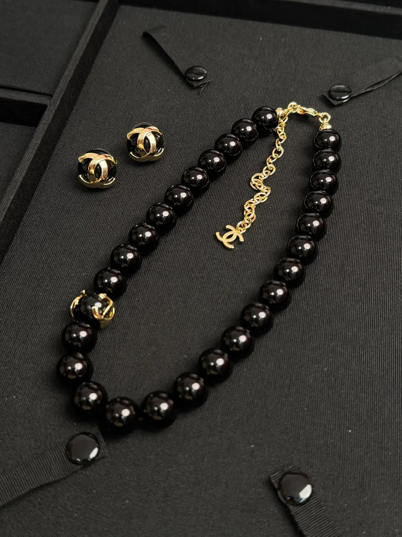 Chanel Black Gold Spherical Beads CC Logo Charm Necklace 6