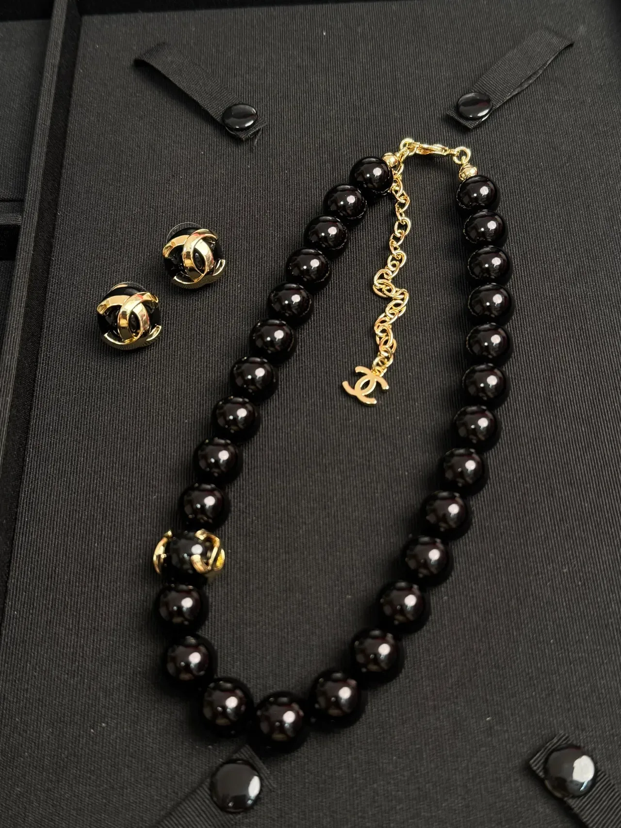 Chanel Black Gold Spherical Beads CC Logo Charm Necklace 7