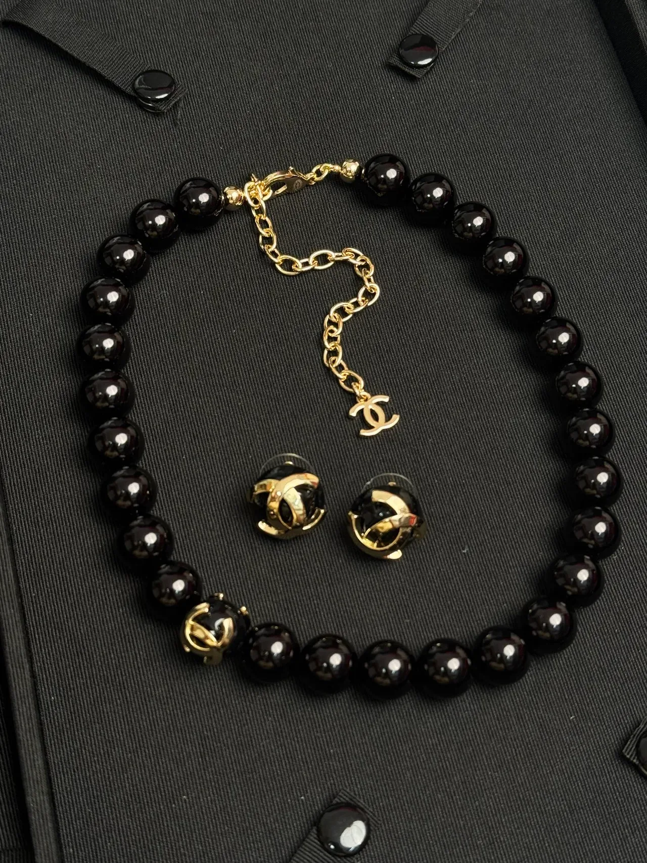 Chanel Black Gold Spherical Beads CC Logo Charm Necklace 8