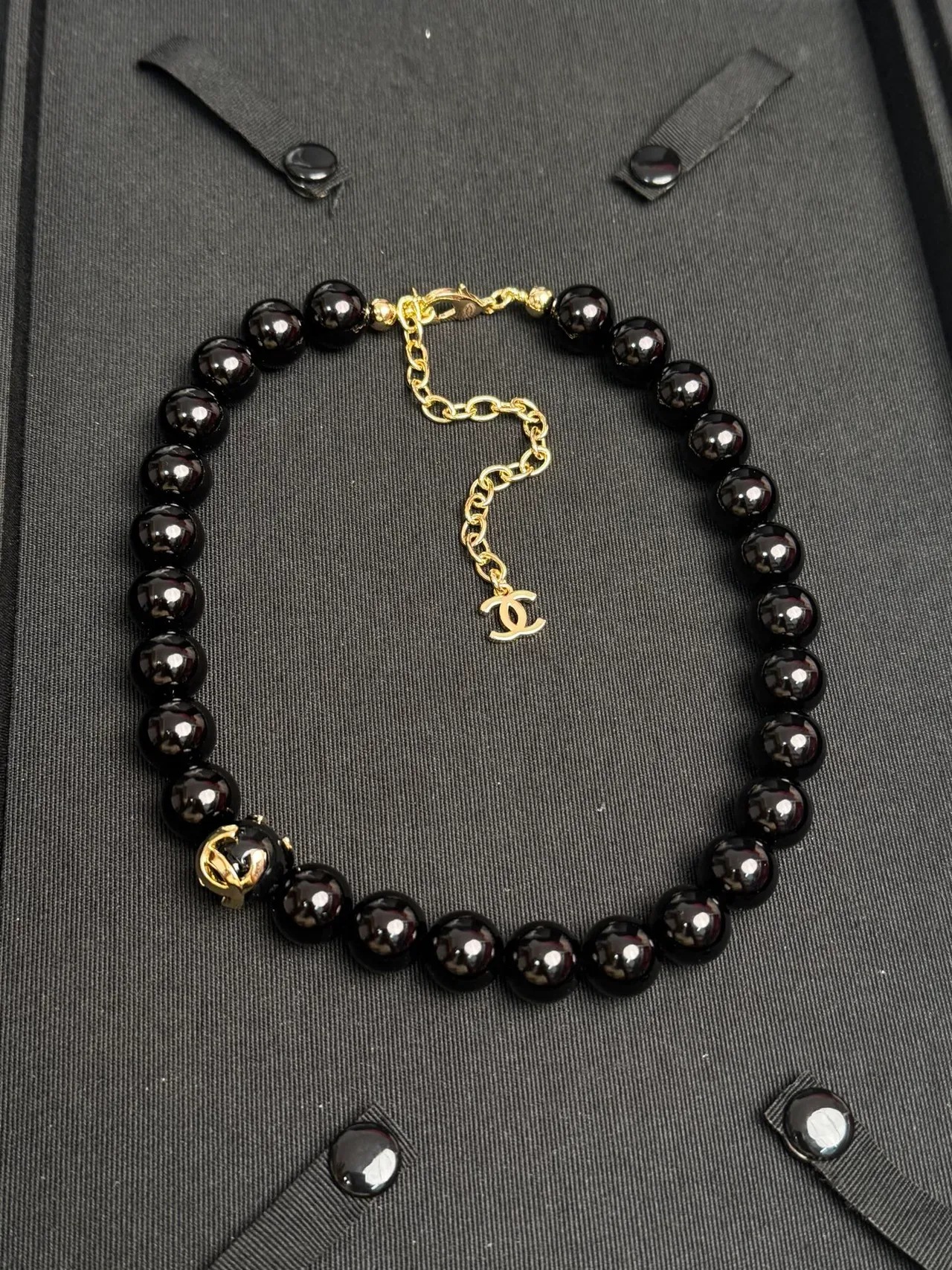 Chanel Black Gold Spherical Beads CC Logo Charm Necklace 9