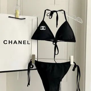 Chanel Black White Halter Triangle Top Side-Tie Bottoms Swimwear