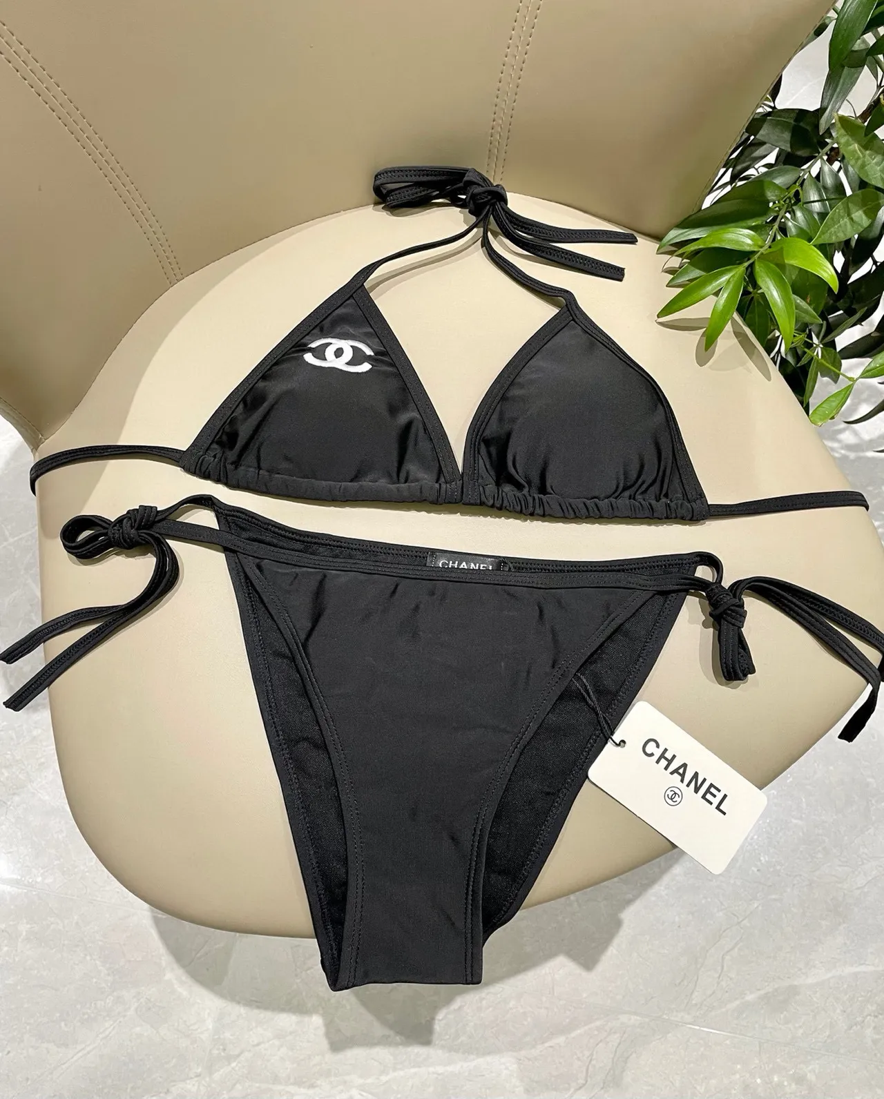 Chanel Black White Halter Triangle Top Side-Tie Bottoms Swimwear 3