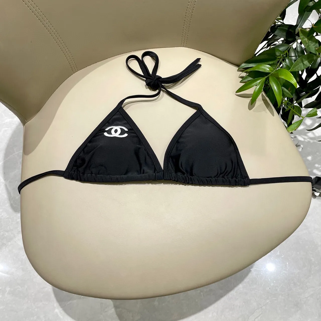 Chanel Black White Halter Triangle Top Side-Tie Bottoms Swimwear 5