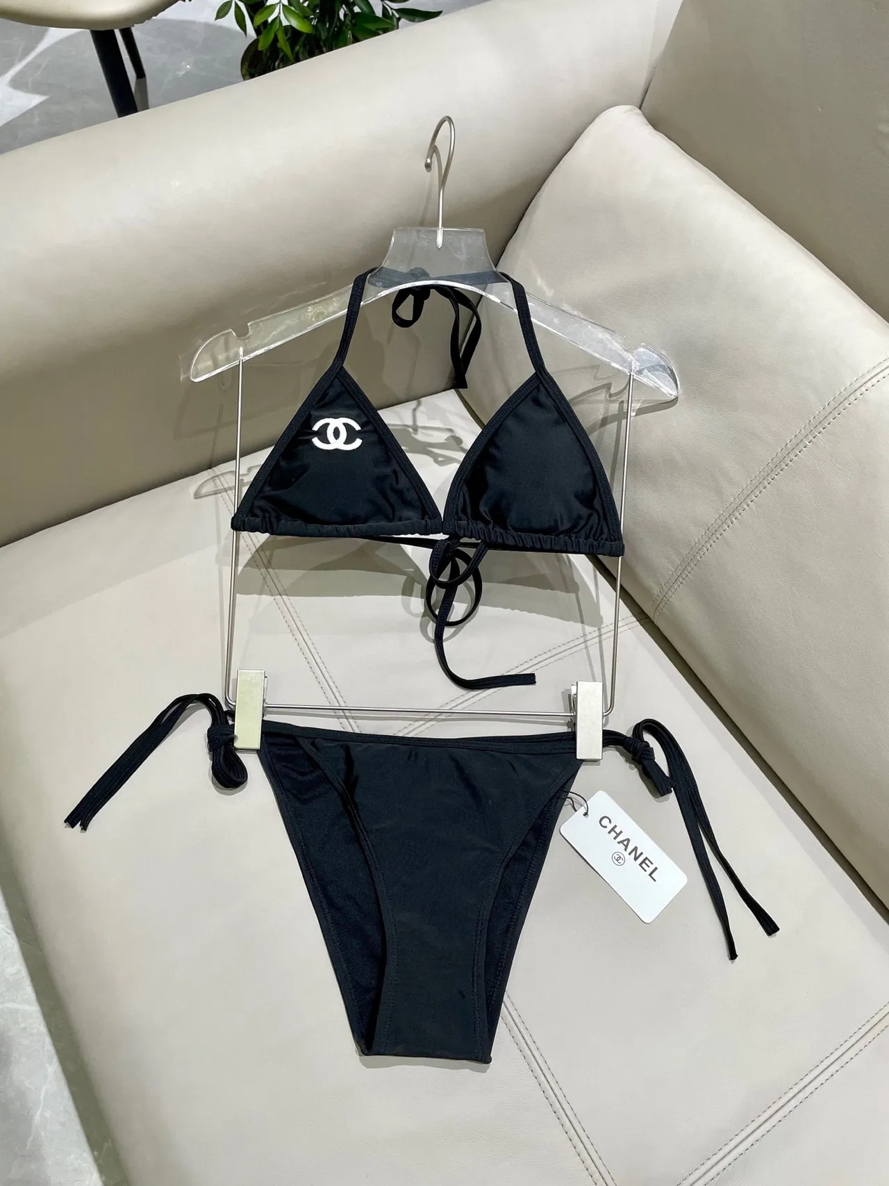 Chanel Black White Halter Triangle Top Side-Tie Bottoms Swimwear 6