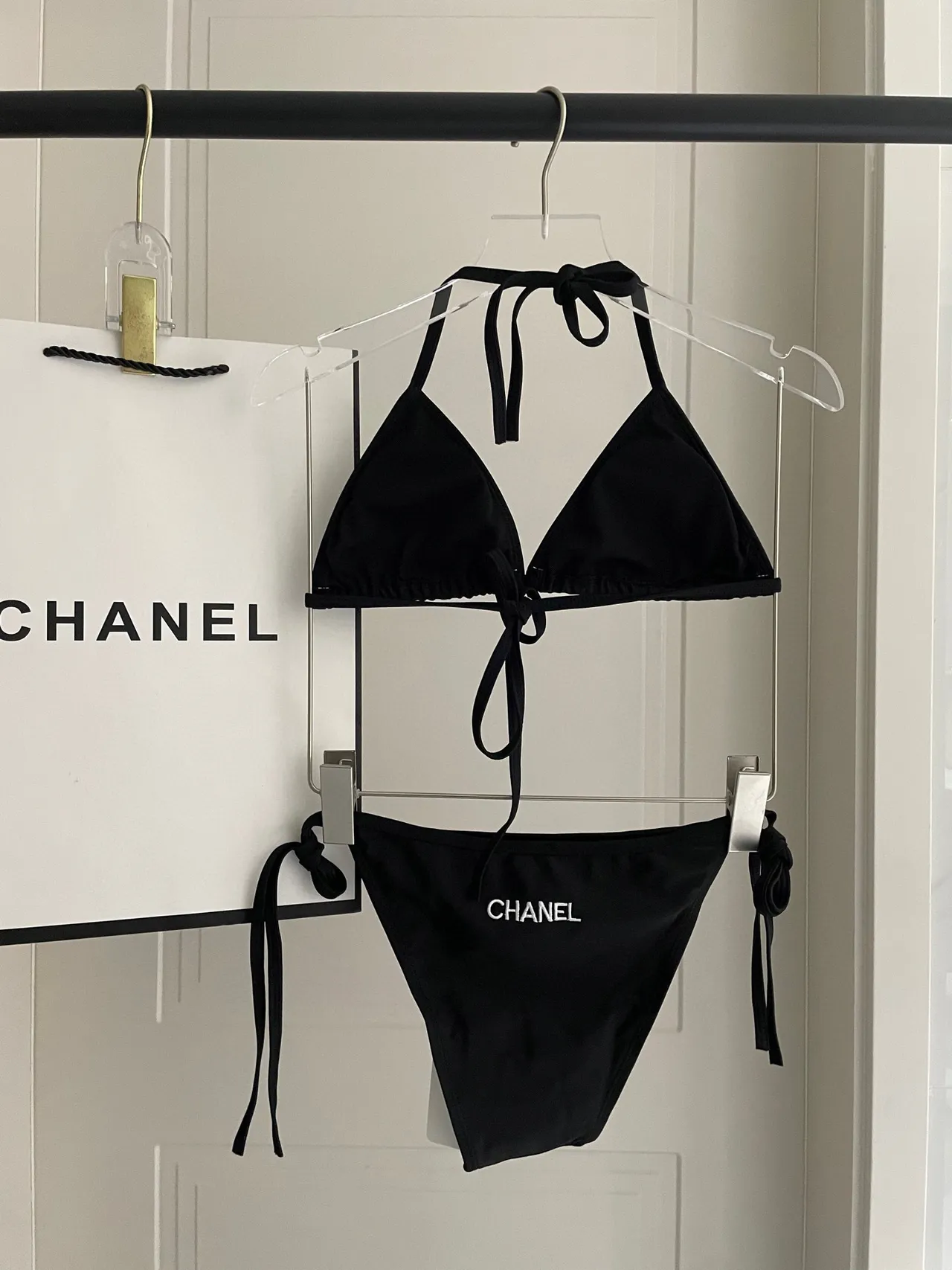 Chanel Black White Halter Triangle Top Side-Tie Bottoms Swimwear 7