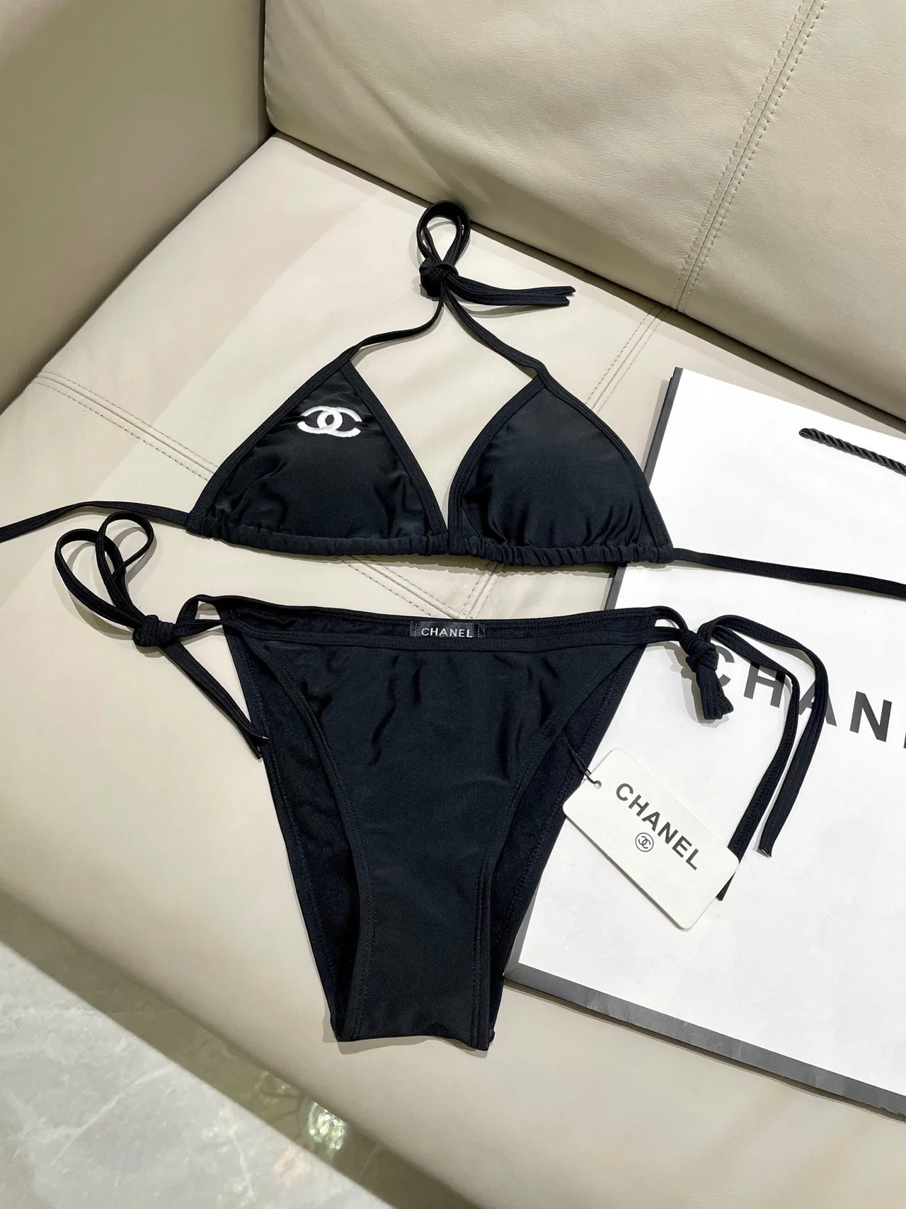 Chanel Black White Halter Triangle Top Side-Tie Bottoms Swimwear 10
