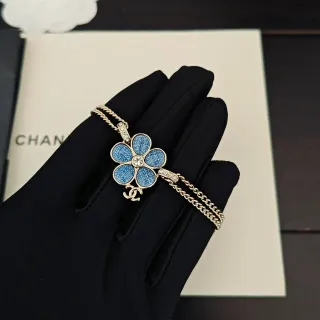 Chanel Blue Gold Flower-Shaped Denim-Textured Enamel Necklace